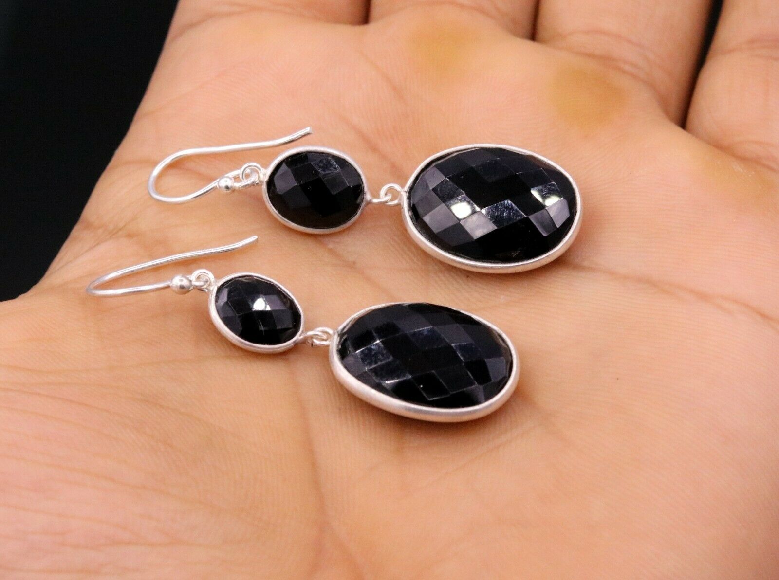 VINTAGE STYLISH EARRINGS HOOPS DANGLING 925 SOLID SILVER WITH ONYX STONE s189 - TRIBAL ORNAMENTS