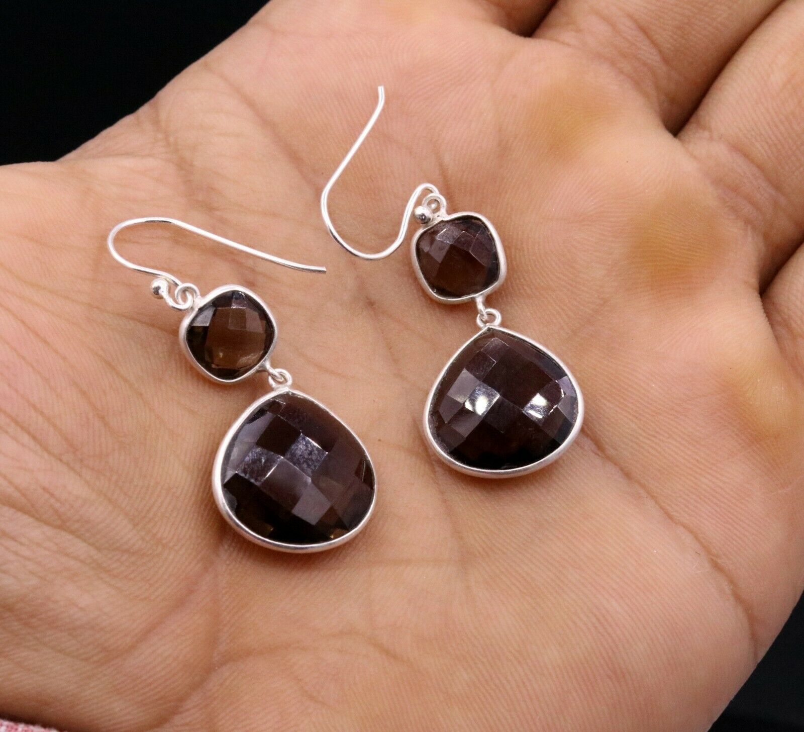 AMAZING 925 SILVER HOOPS DANGLE SMOKY QUARTZ BEST FOR GIRLS STYLISH JEWELRY s171 - TRIBAL ORNAMENTS