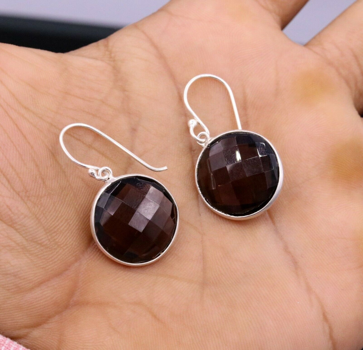 TOP CLASS SMOKY QUARTZ 925 SILVER DROP DANGLE HOOPS EARRINGS DAILY USE STUD s185 - TRIBAL ORNAMENTS