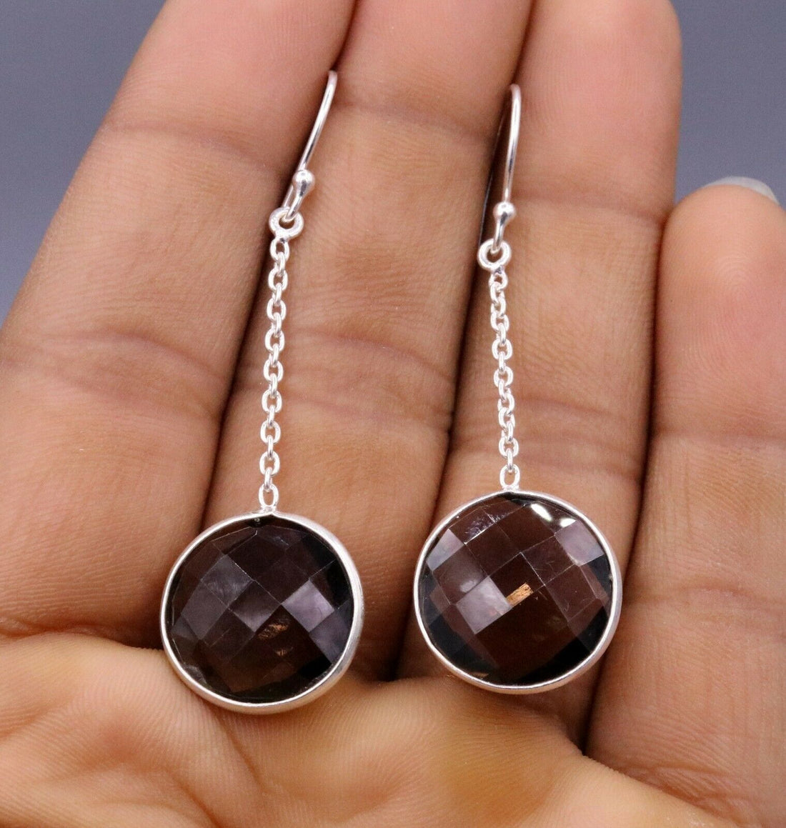 BEST OFFER 925 SILVER HOOPS DANGLE SMOKY QUARTZ BEST FOR GIRLS WOMEN'S USE s170 - TRIBAL ORNAMENTS