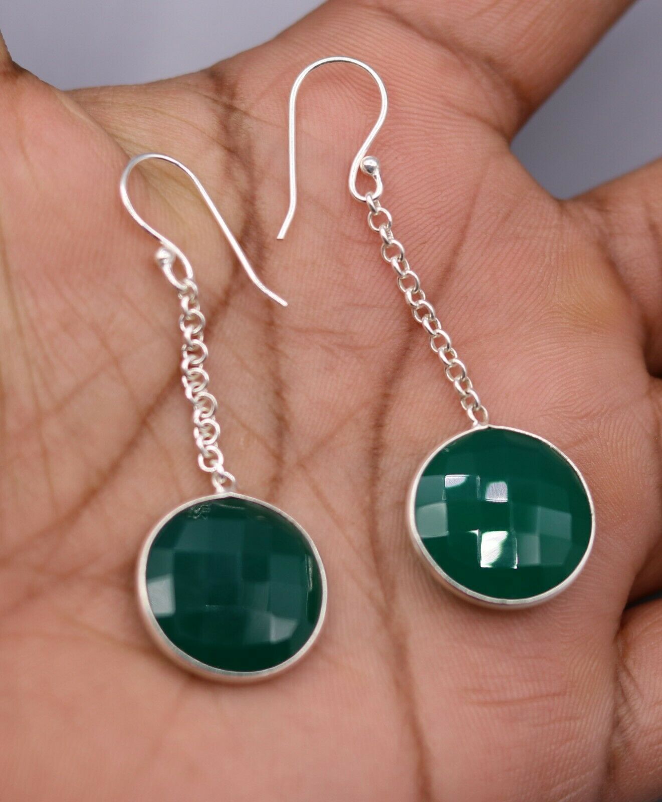 925 SOLID SILVER GREEN ONYX HOOPS LONG EARRING MODERN STYLISH JEWELRY STUD s150 - TRIBAL ORNAMENTS