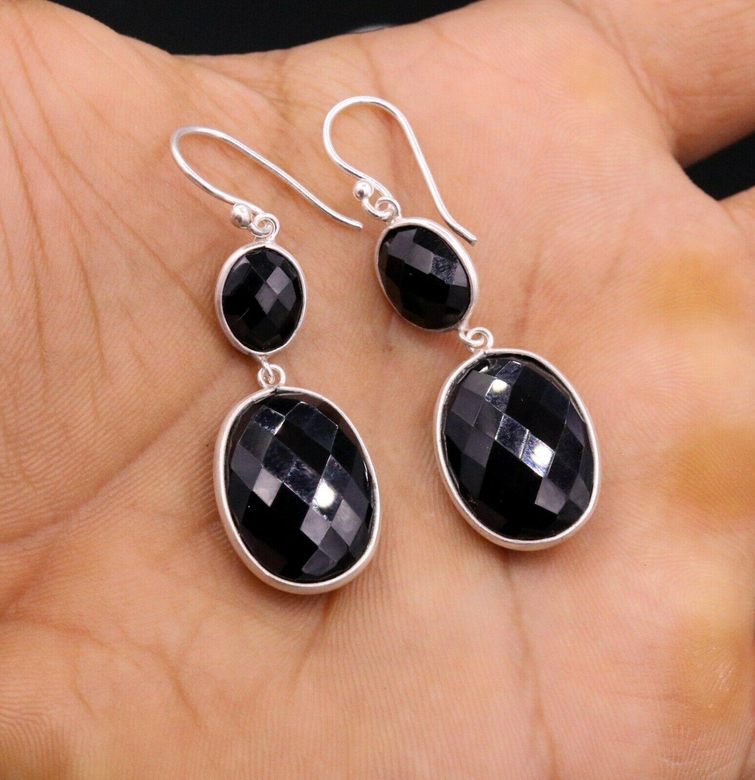 VINTAGE STYLISH EARRINGS HOOPS DANGLING 925 SOLID SILVER WITH ONYX STONE s189 - TRIBAL ORNAMENTS