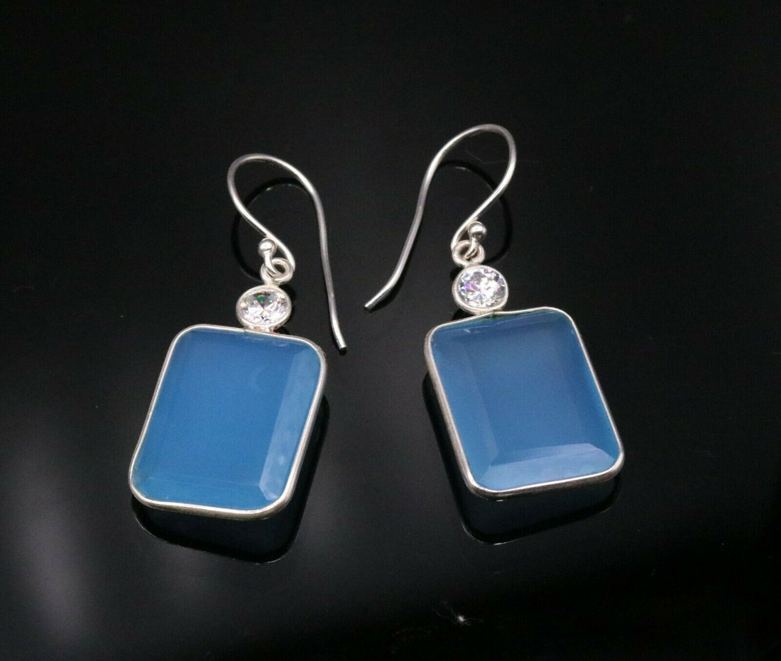 PRETTY SKY BLUE QUARTZ STONE 925 STERLING SILVER DROP DANGLE HOOPS EARRINGS s124 - TRIBAL ORNAMENTS