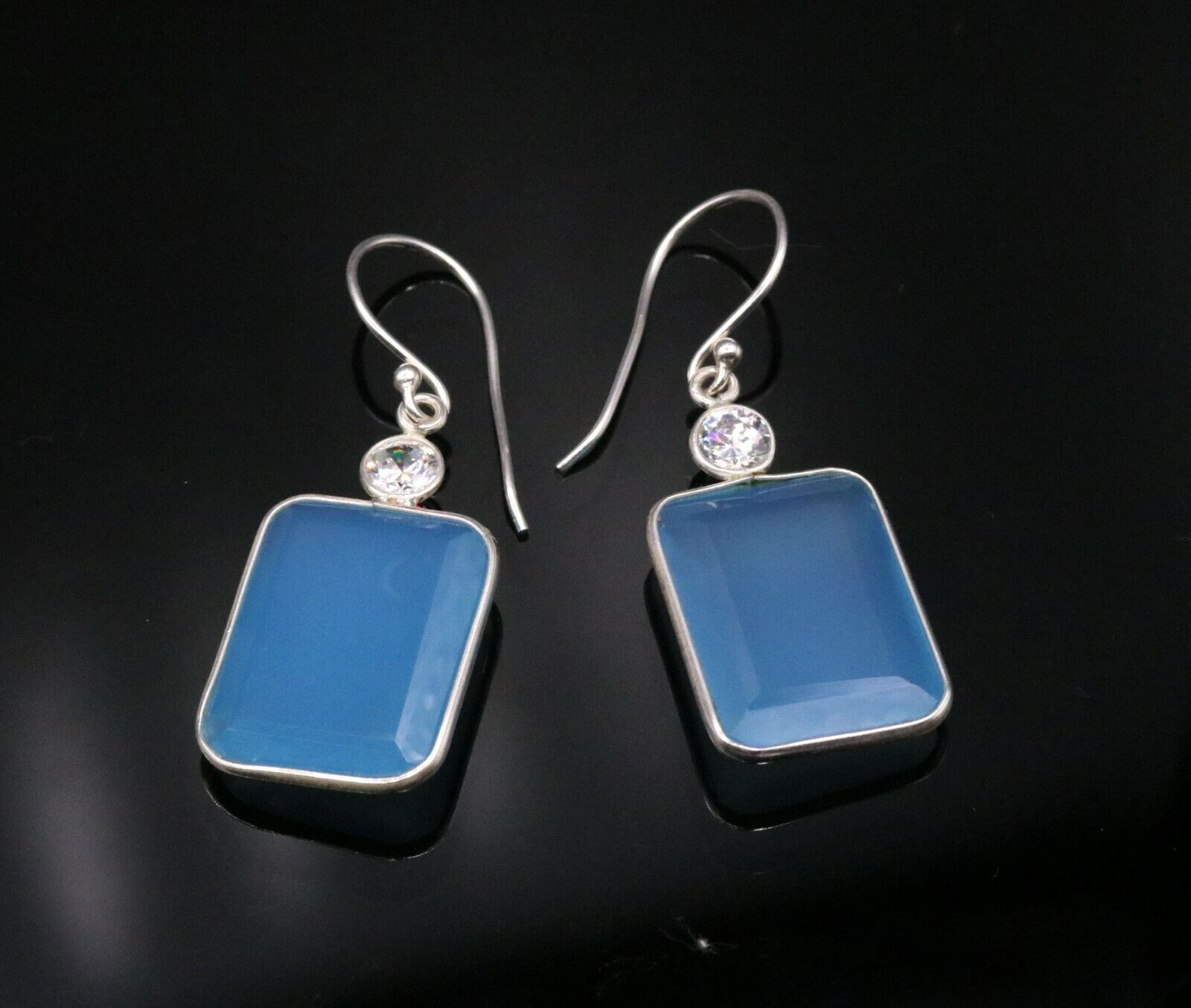 PRETTY SKY BLUE QUARTZ STONE 925 STERLING SILVER DROP DANGLE HOOPS EARRINGS s124 - TRIBAL ORNAMENTS