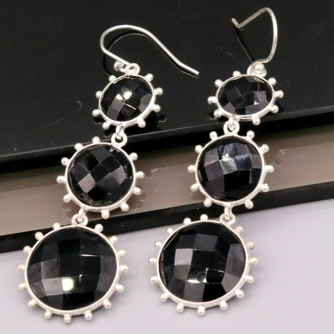 BLACK ONYX 925 SILVER HANDMADE EARRINGS DANGLING GORGEOUS JEWELRY GIRLS s174 - TRIBAL ORNAMENTS