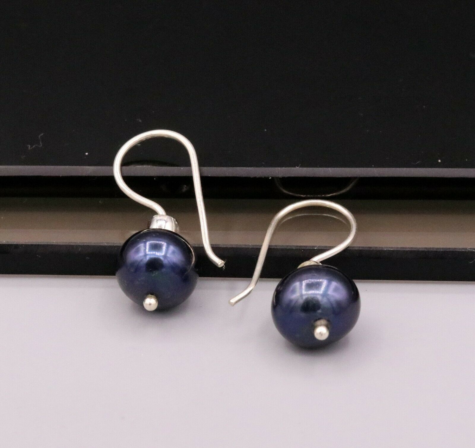 FRESH WATER BLUE PEARL EARRINGS HOOPS DANGLING 925 SOLID SILVER JEWELRY s195 - TRIBAL ORNAMENTS