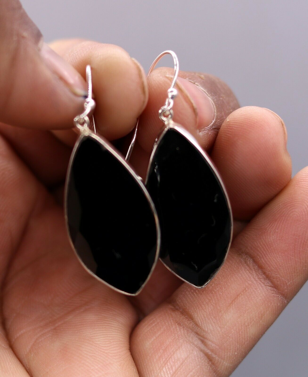 EXCELLENT GIFTING JEWELRY BLACK ONYX 925 SILVER HOOPS DROP DANGLE EARRING s129 - TRIBAL ORNAMENTS