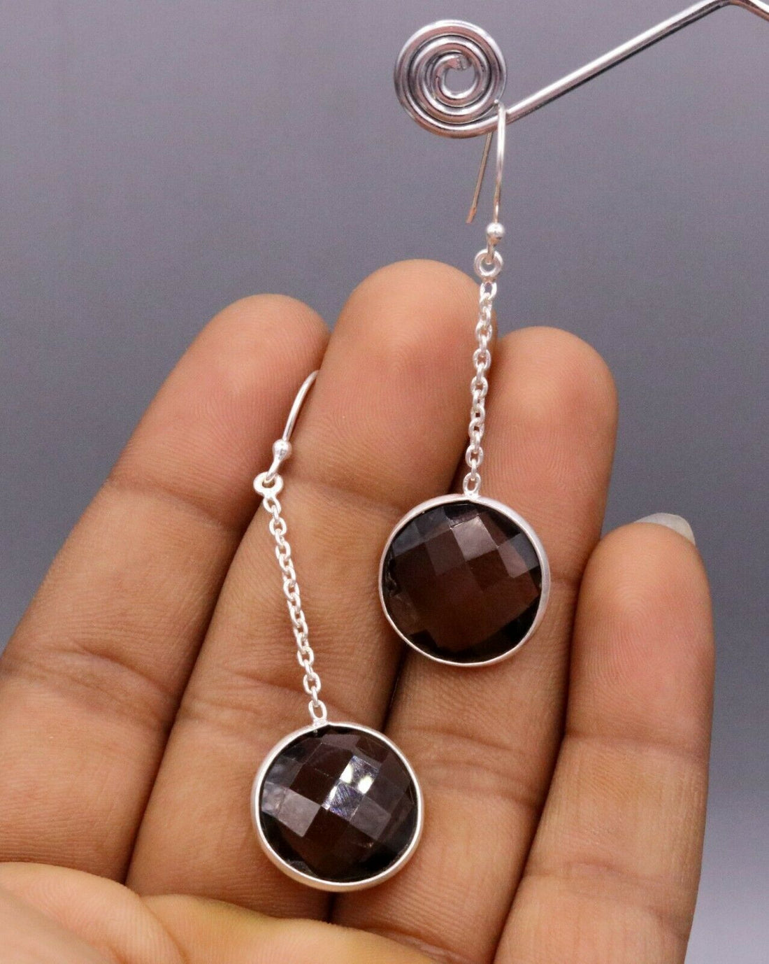 BEST OFFER 925 SILVER HOOPS DANGLE SMOKY QUARTZ BEST FOR GIRLS WOMEN'S USE s170 - TRIBAL ORNAMENTS