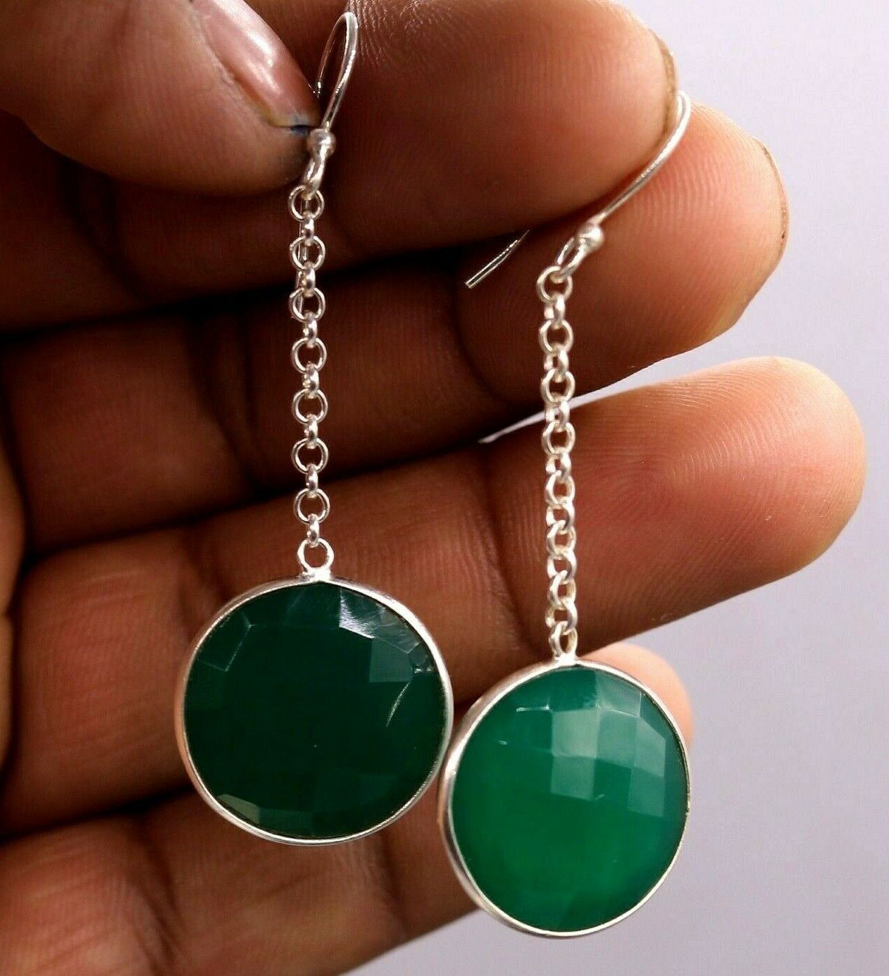 925 SOLID SILVER GREEN ONYX HOOPS LONG EARRING MODERN STYLISH JEWELRY STUD s150 - TRIBAL ORNAMENTS