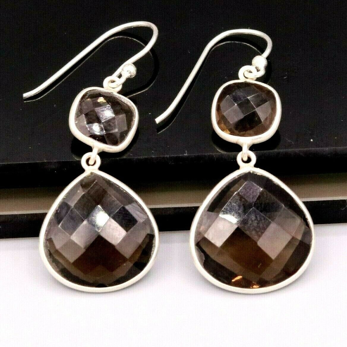 AMAZING 925 SILVER HOOPS DANGLE SMOKY QUARTZ BEST FOR GIRLS STYLISH JEWELRY s171 - TRIBAL ORNAMENTS