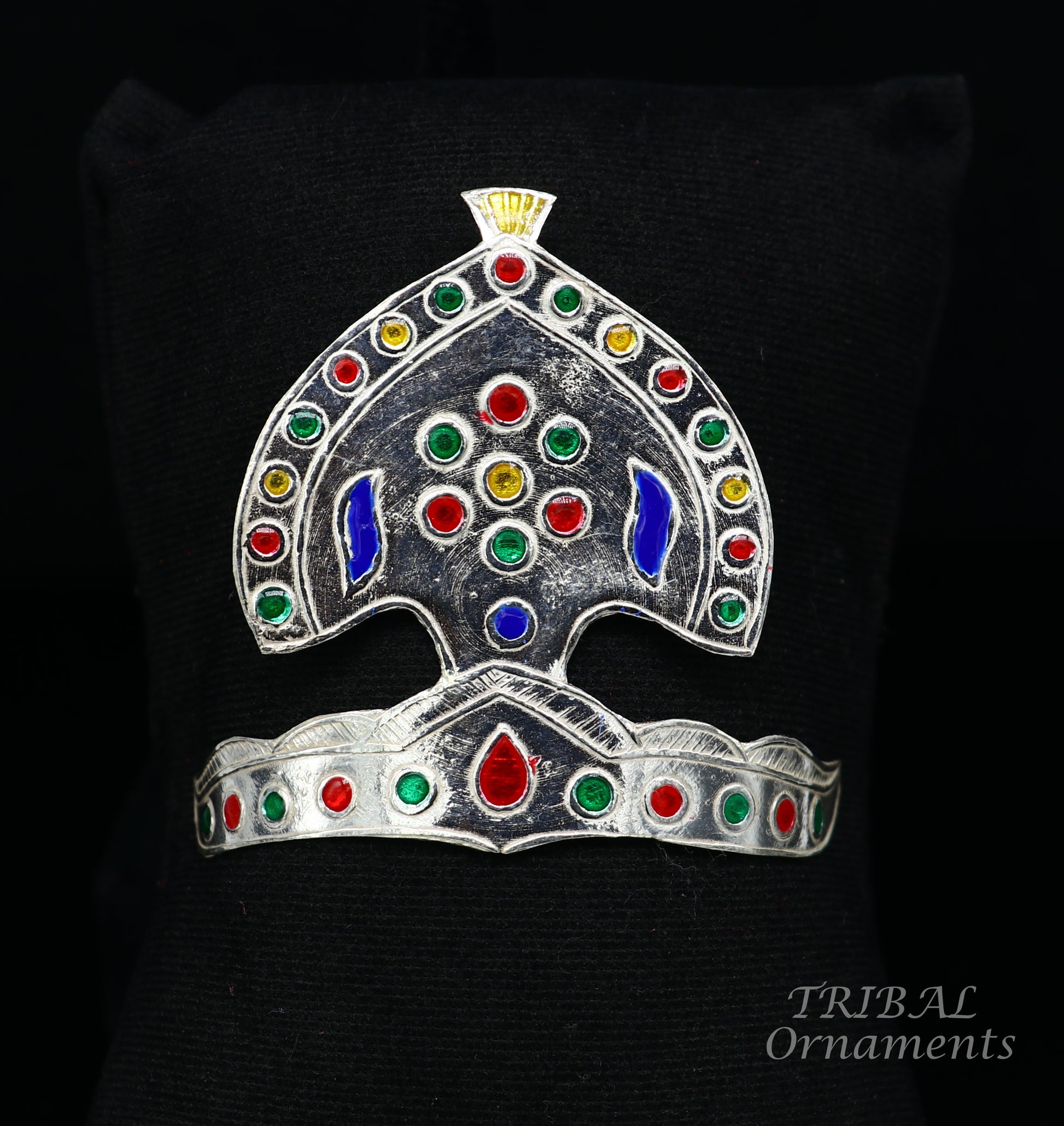 925 sterling silver vintage antique design mukut (crown), amazing handmade enamel design silver god crown home temple god hat su697 - TRIBAL ORNAMENTS