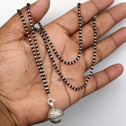 16" to 26" traditional cultural black beads 925 sterling silver stylish Single ball pendant necklace modern trendy delicate jewelry set625 - TRIBAL ORNAMENTS