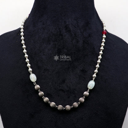 Sterling silver beaded chain necklace by Tribal Ornaments, stylish tribal jewelry with intricate beaded design and customizable details.