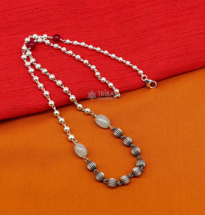 Sterling silver custom beaded chain necklace by TRIBAL ORNAMENTS, trendy tribal jewelry with stylish beads and modern design.