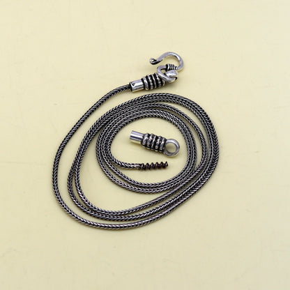 Sterling silver 16-30 inch wheat chain necklace with oxidized finish, 1.5mm thickness, handmade tribal-inspired jewelry.