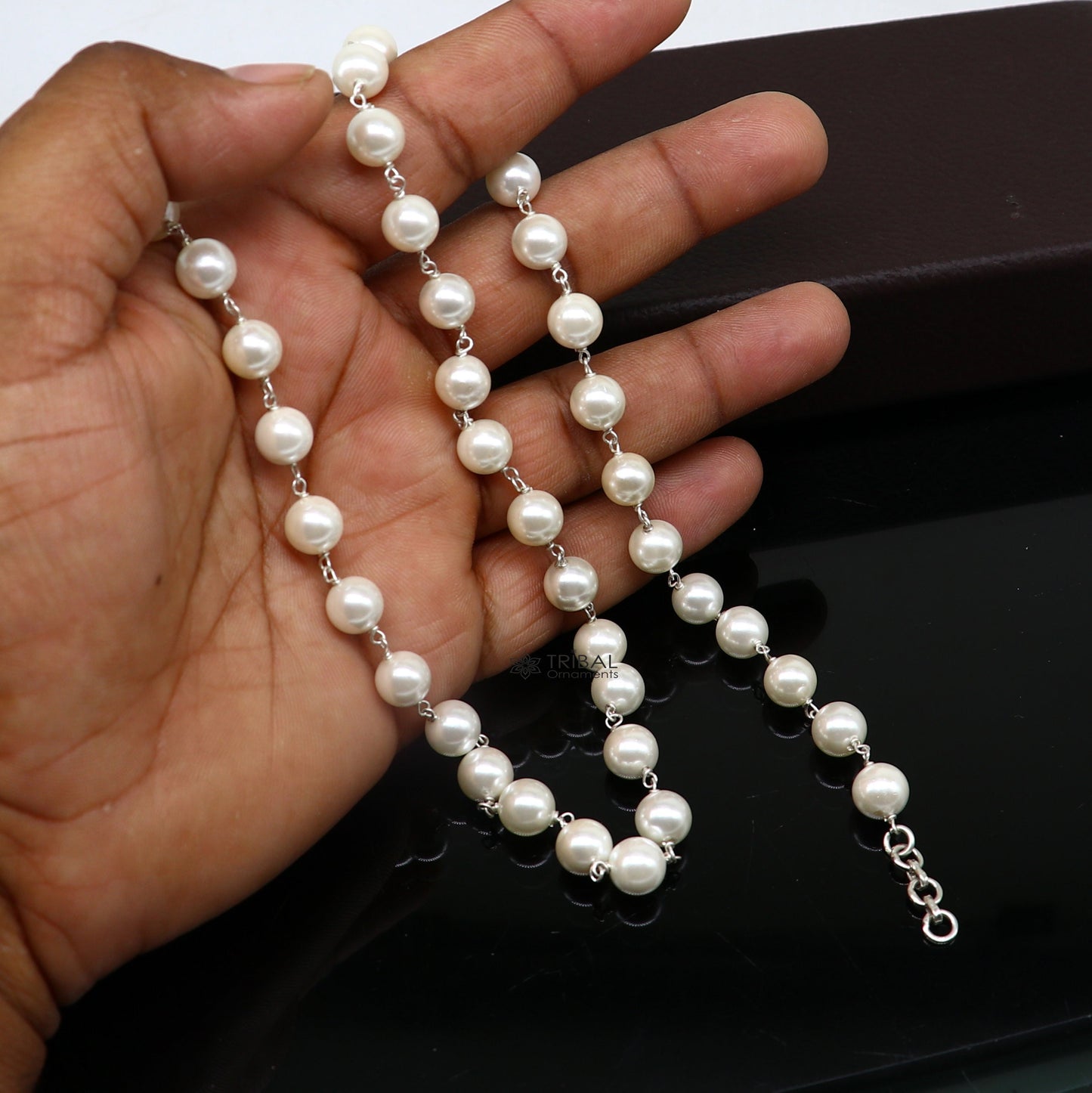 8mm mother of pearls custom made 925 sterling silver long beaded necklace, gorgeous girl's women's daily use best gifting beaded chain ch556 - TRIBAL ORNAMENTS