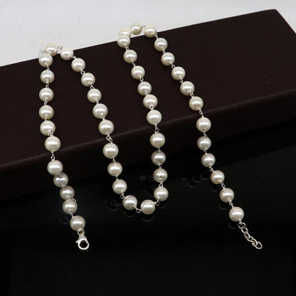 8mm pearl beaded necklace with 925 sterling silver chain, elegant jewelry for women and girls, perfect for daily wear and gifting.