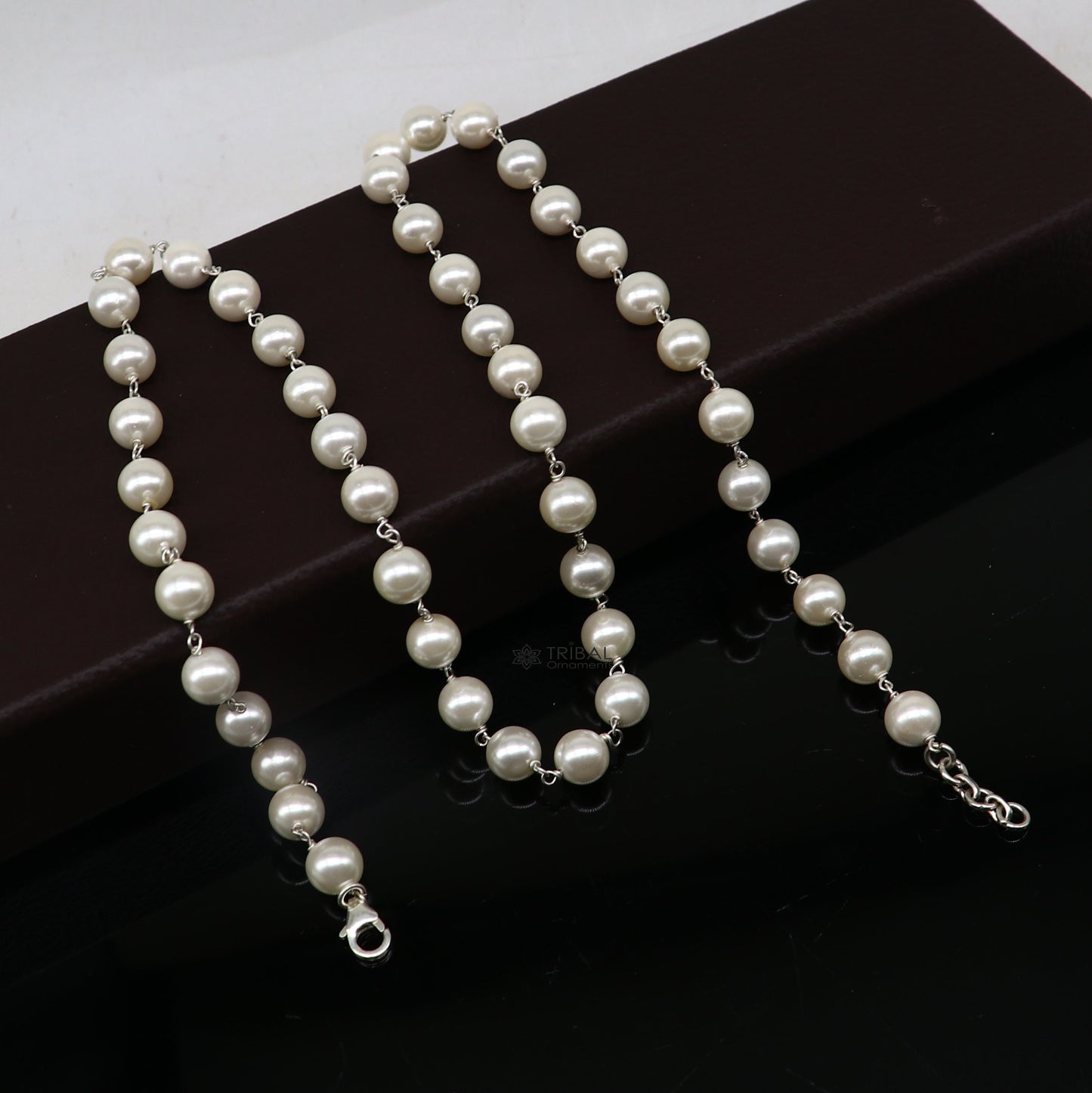 8mm mother of pearls custom made 925 sterling silver long beaded necklace, gorgeous girl's women's daily use best gifting beaded chain ch556 - TRIBAL ORNAMENTS