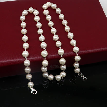 8mm pearl beaded necklace in 925 sterling silver, long and elegant, perfect for daily wear or gifting, by TRIBAL ORNAMENTS.