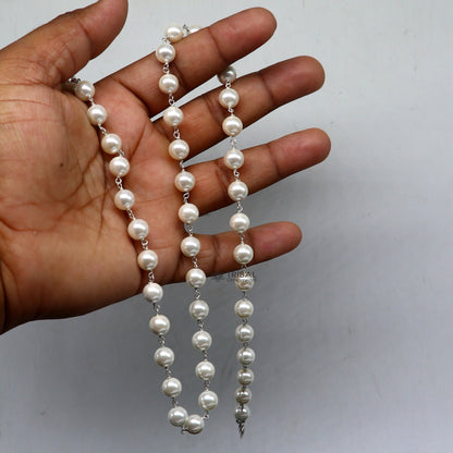 8mm pearl beaded necklace with 925 sterling silver chain, stylish long jewelry for women or girls, perfect for daily wear and gifting.