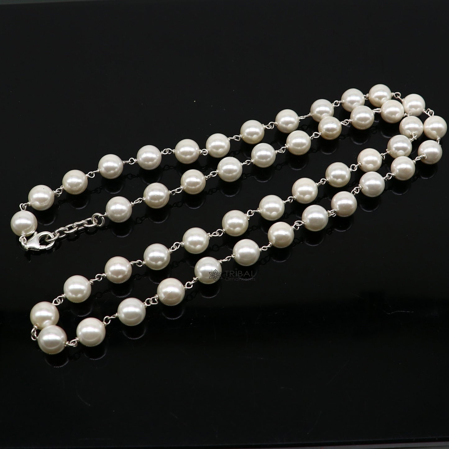 8mm mother of pearls custom made 925 sterling silver long beaded necklace, gorgeous girl's women's daily use best gifting beaded chain ch556 - TRIBAL ORNAMENTS