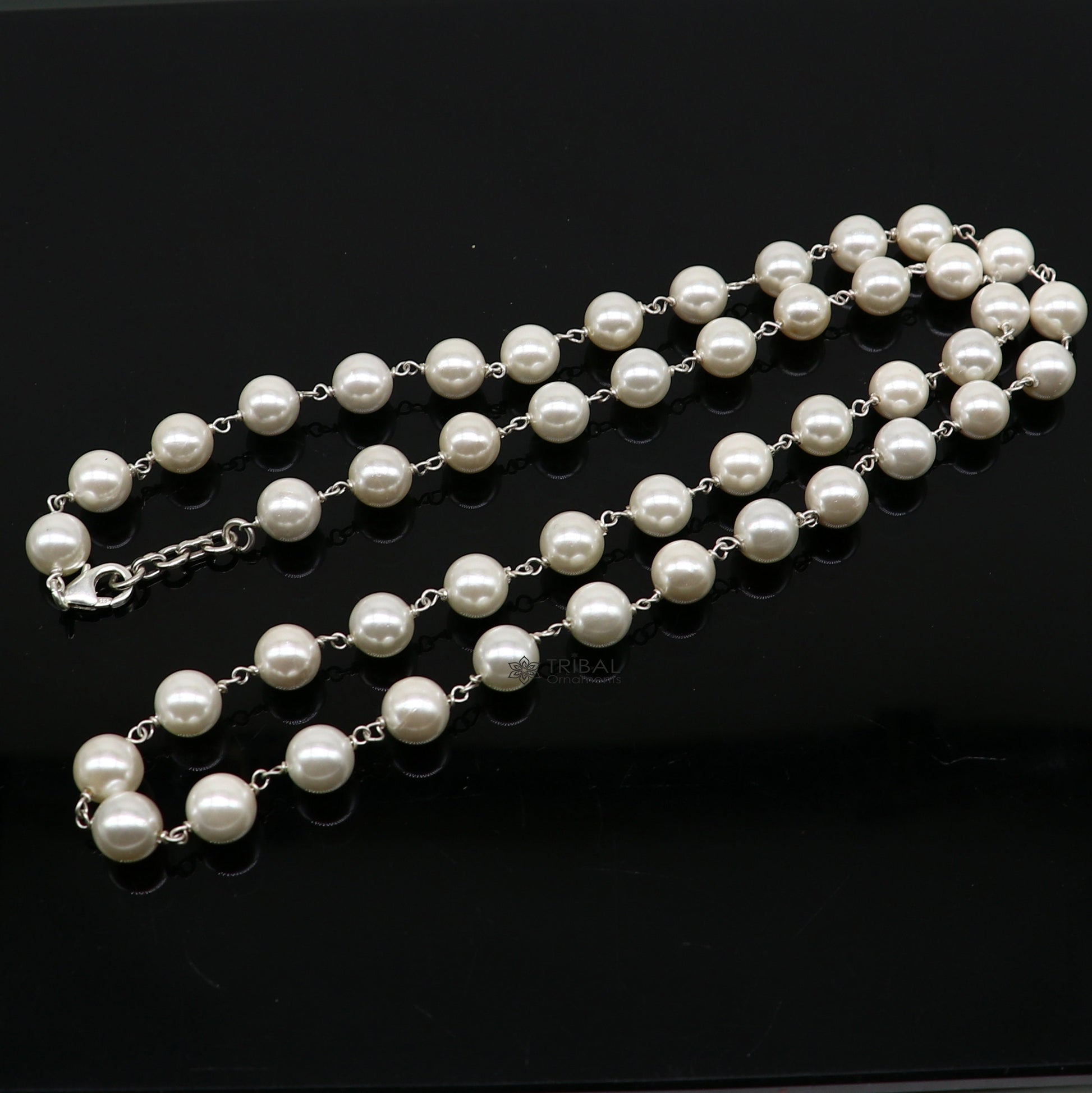8mm mother of pearls custom made 925 sterling silver long beaded necklace, gorgeous girl's women's daily use best gifting beaded chain ch556 - TRIBAL ORNAMENTS