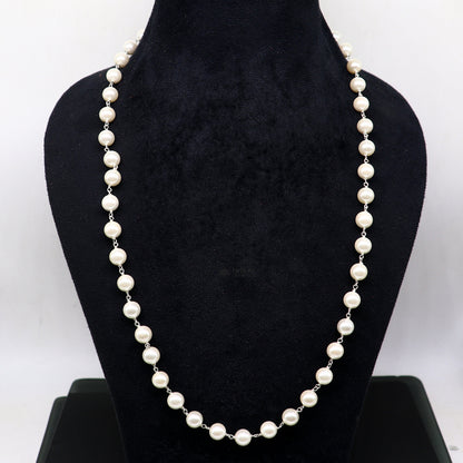 8mm pearl beaded necklace with 925 sterling silver chain, stylish long jewelry perfect for women’s daily wear and gifting.