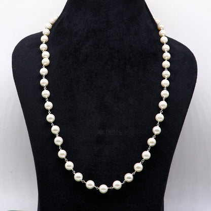 8mm pearls on a 925 sterling silver long beaded necklace, stylish jewelry suitable for women’s daily wear or gifting.