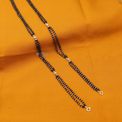 Sterling silver 2.2mm black bead two-line Mangalsutra chain with vintage cultural design, traditional style bridal jewelry from India.