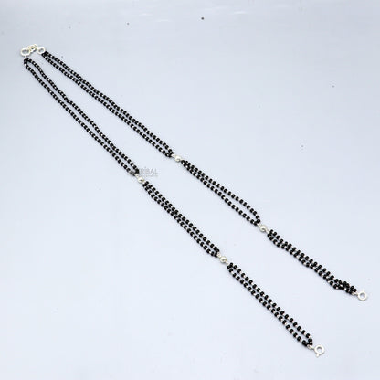 Sterling silver 2.2mm black bead two-line chain necklace, traditional Indian brides Mangalsutra with vintage cultural design.