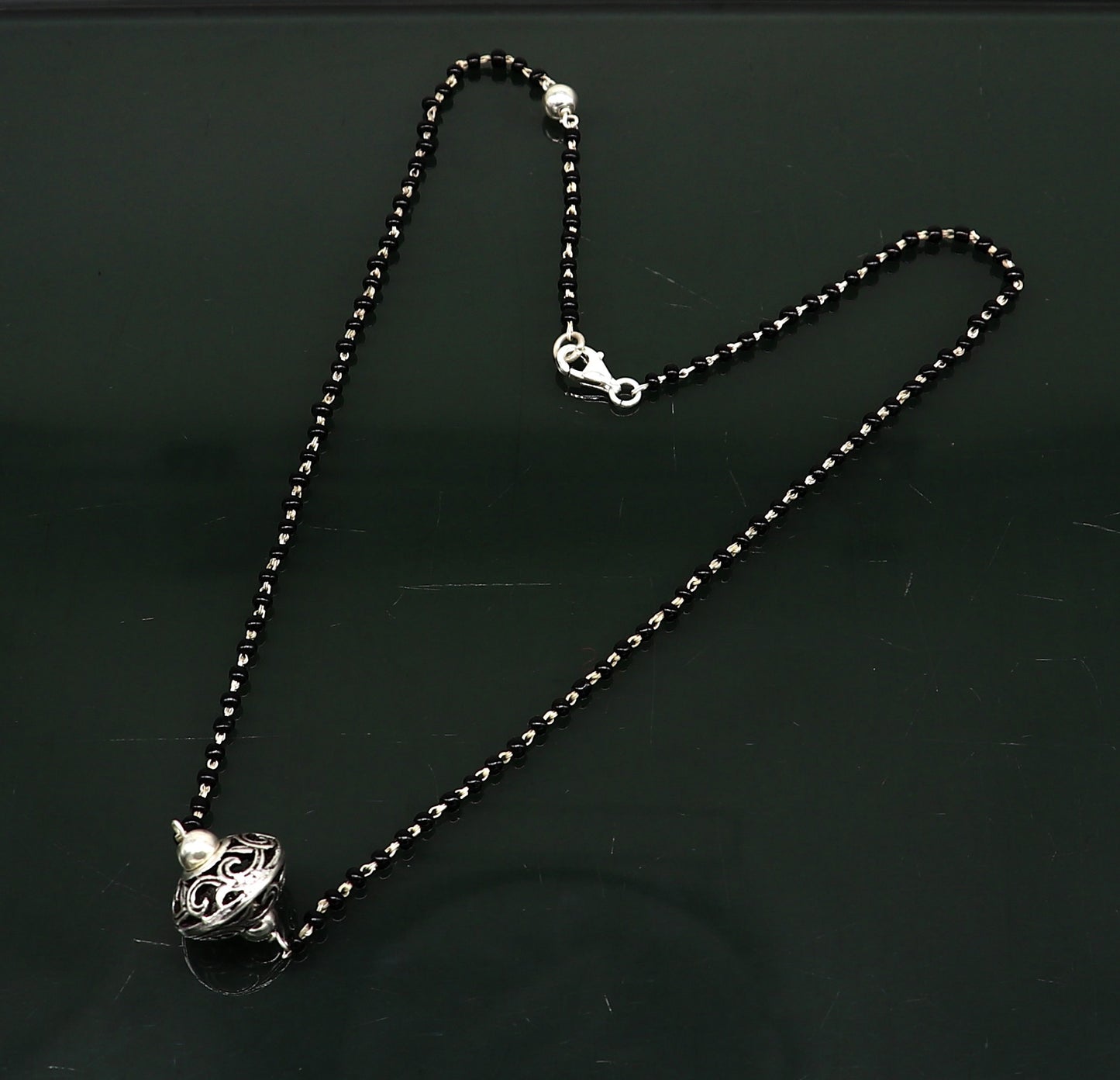 925 sterling silver black beaded chain necklace with gorgeous flower ball pendant , best gifting elegant necklace tribal necklace set220 - TRIBAL ORNAMENTS