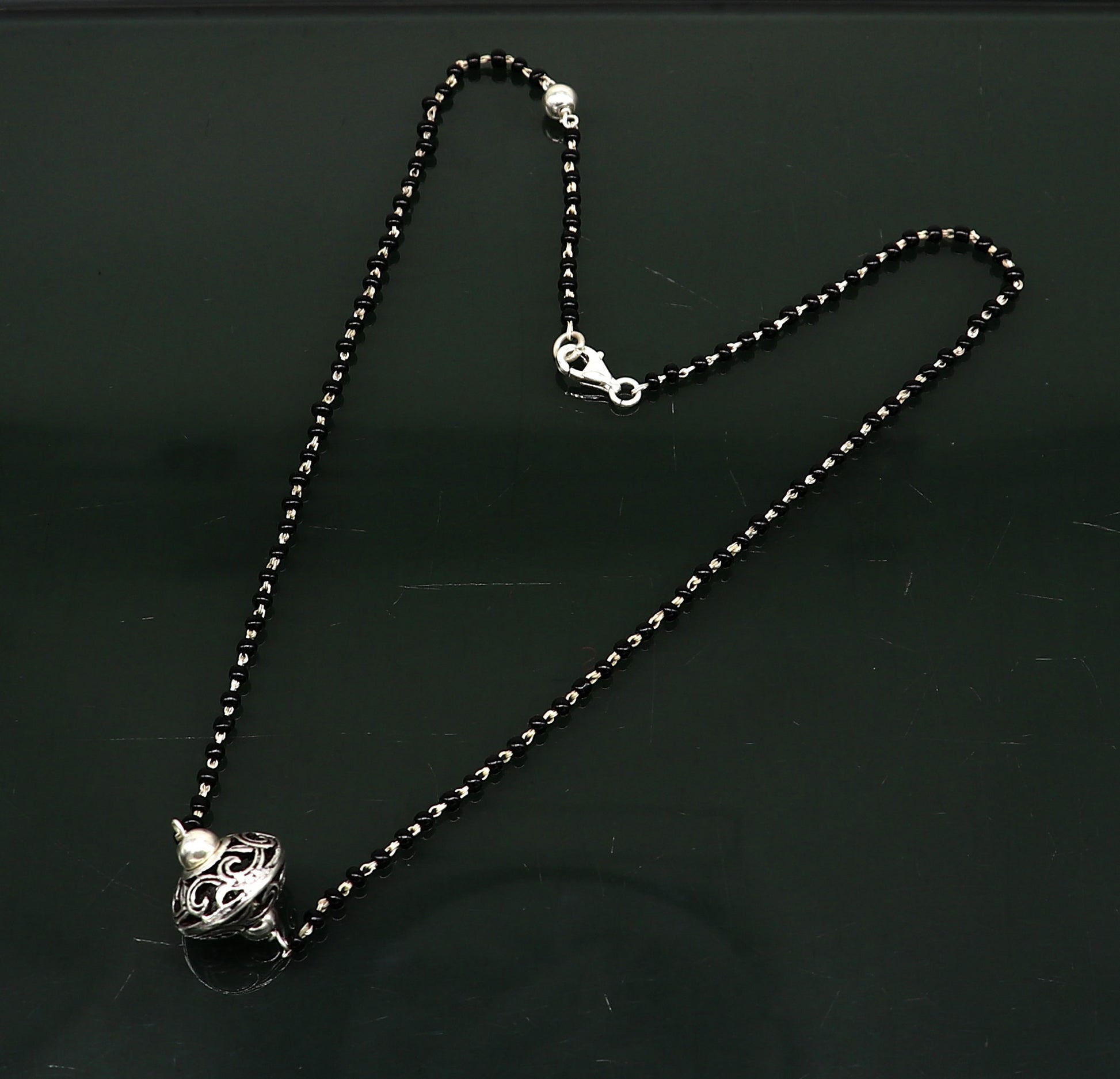 925 sterling silver black beaded chain necklace with gorgeous flower ball pendant , best gifting elegant necklace tribal necklace set220 - TRIBAL ORNAMENTS