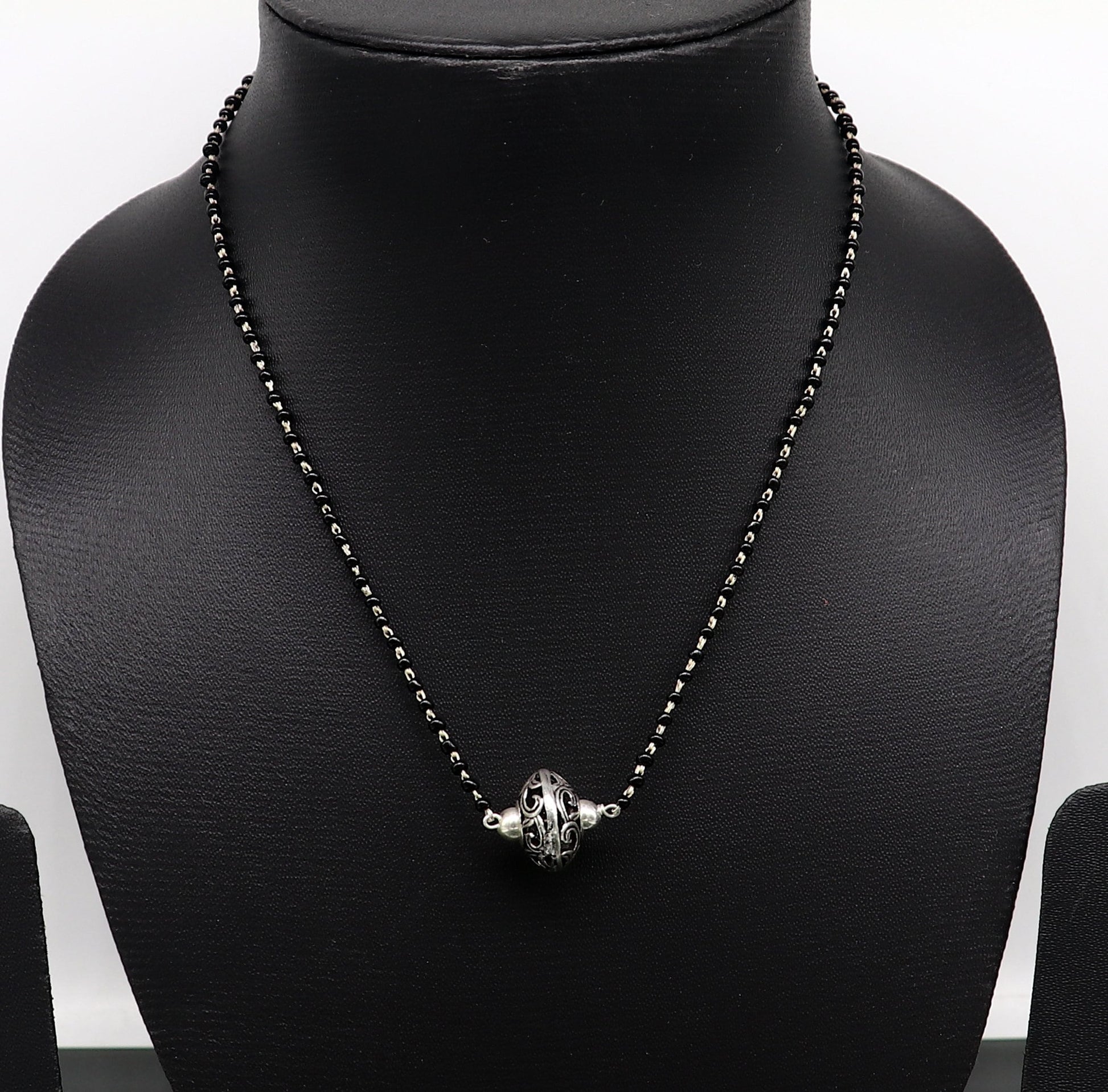 925 sterling silver black beaded chain necklace with gorgeous flower ball pendant , best gifting elegant necklace tribal necklace set220 - TRIBAL ORNAMENTS