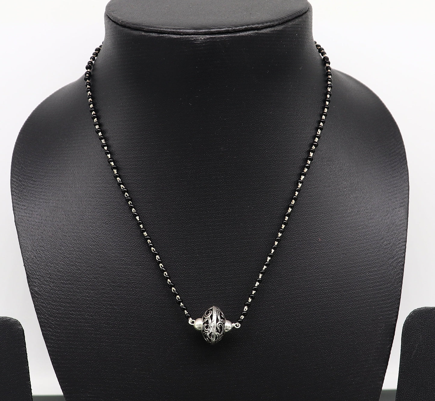 925 sterling silver black beaded chain necklace with gorgeous flower ball pendant , best gifting elegant necklace tribal necklace set220 - TRIBAL ORNAMENTS