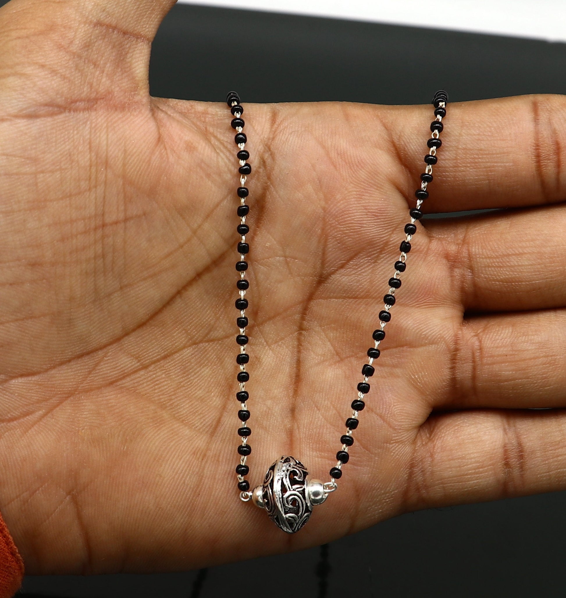 925 sterling silver black beaded chain necklace with gorgeous flower ball pendant , best gifting elegant necklace tribal necklace set220 - TRIBAL ORNAMENTS