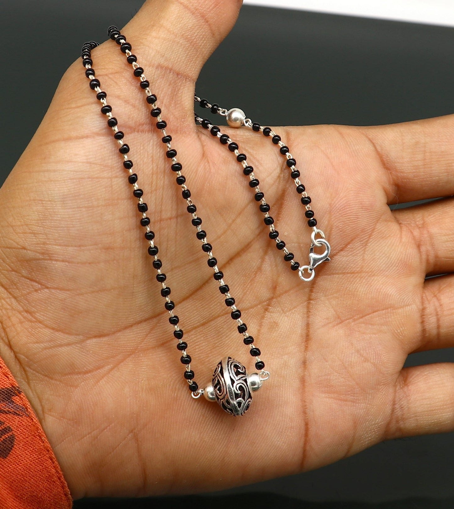 925 sterling silver black beaded chain necklace with gorgeous flower ball pendant , best gifting elegant necklace tribal necklace set220 - TRIBAL ORNAMENTS