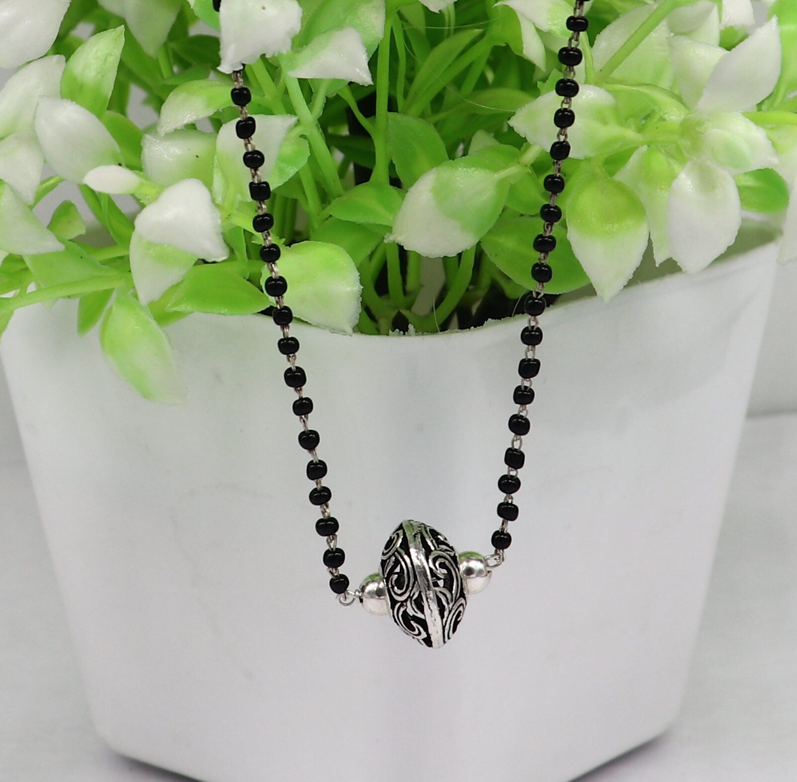 925 sterling silver black beaded chain necklace with gorgeous flower ball pendant , best gifting elegant necklace tribal necklace set220 - TRIBAL ORNAMENTS