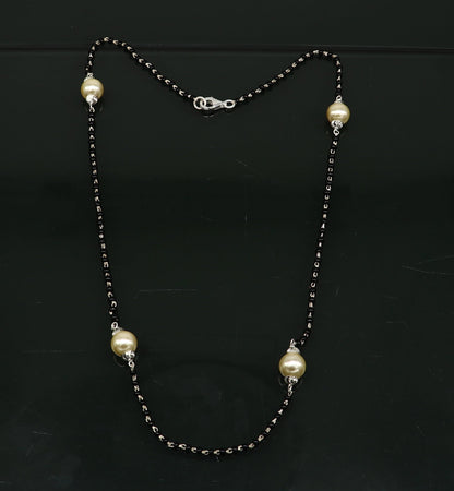 Sterling silver black beaded chain necklace with white pearls, elegant tribal jewelry set by TRIBAL ORNAMENTS.