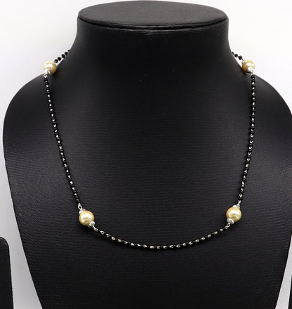 925 sterling silver black beaded chain necklace with white pearls, tribal design, elegant jewelry set from Tribal Ornaments.