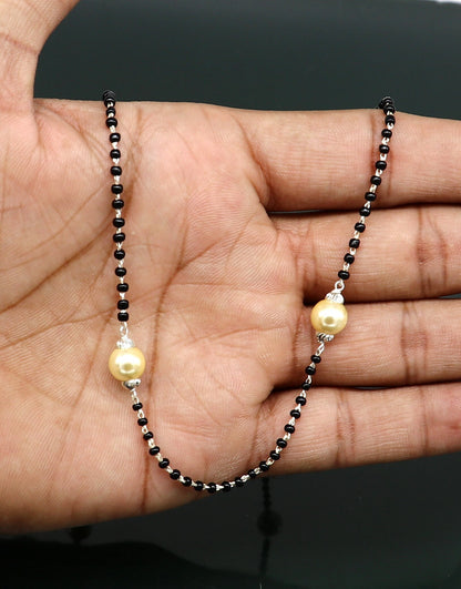 925 sterling silver black beaded chain necklace with white pearls, elegant tribal jewelry set by TRIBAL ORNAMENTS.