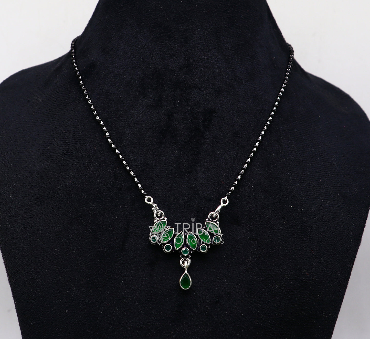 925 sterling silver black beads chain mangal sutra necklace for daily use brides Mangalsutra chunky necklace green stone pendant ms51 - TRIBAL ORNAMENTS