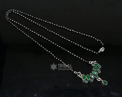 Sterling silver black beads chain Mangalsutra necklace with green stone pendant, traditional daily wear jewelry by Tribal Ornaments.