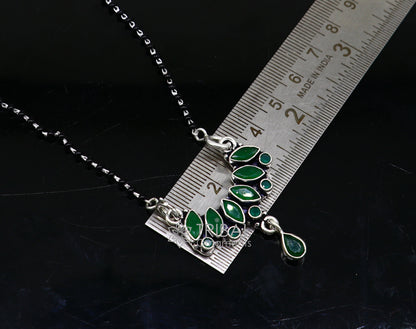 925 sterling silver black beads and green stone Mangalsutra necklace with chain and pendant, traditional daily-use jewelry for brides