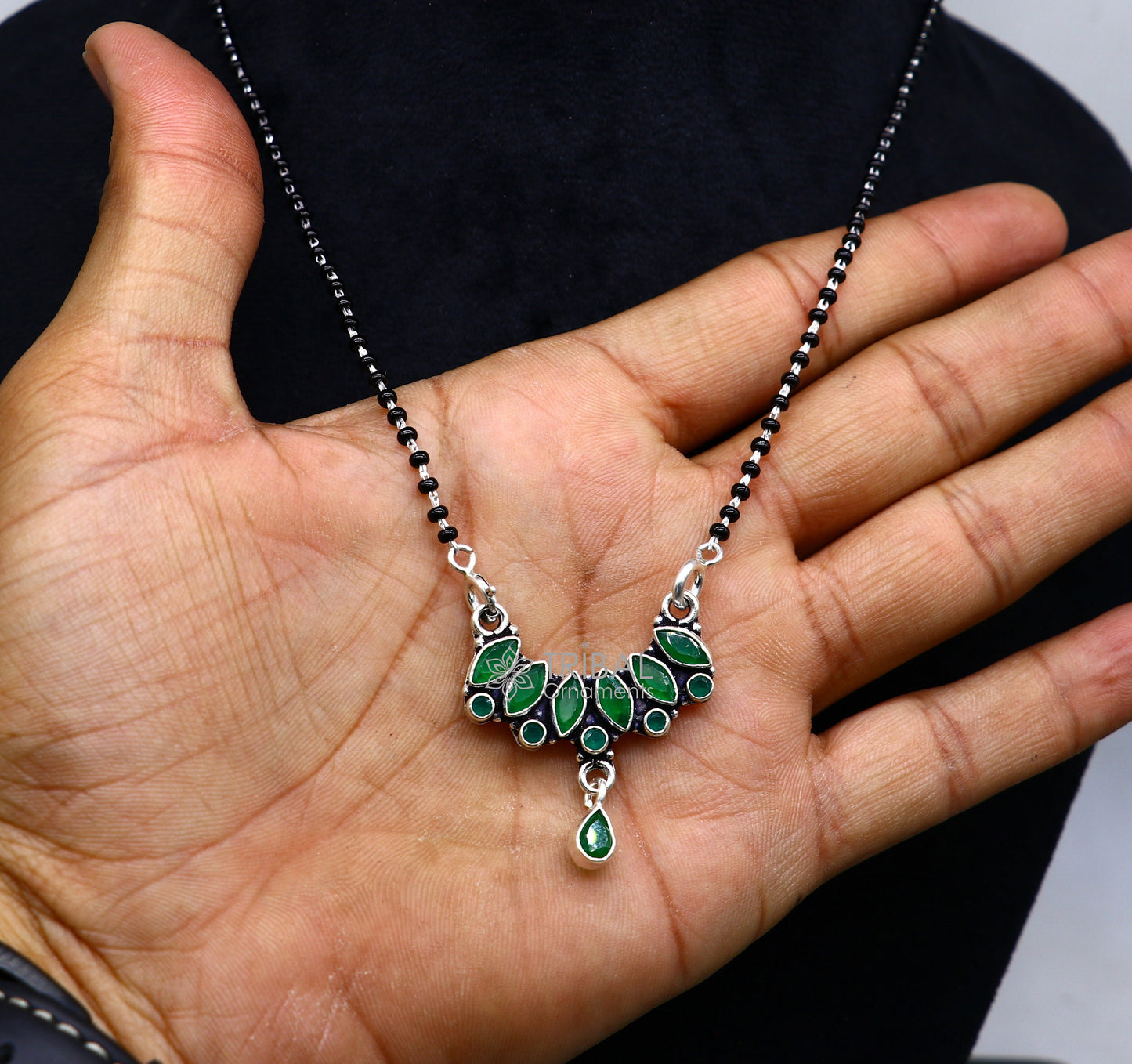 925 sterling silver black beads chain mangal sutra necklace for daily use brides Mangalsutra chunky necklace green stone pendant ms51 - TRIBAL ORNAMENTS