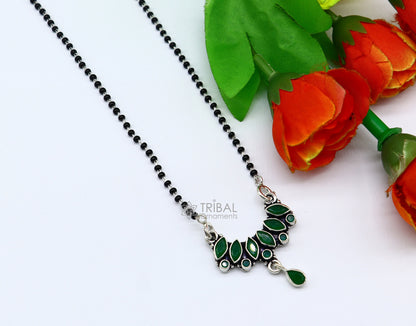 925 sterling silver black beads Mangalsutra necklace with green stone pendant, tribal ornaments for daily wear and brides.