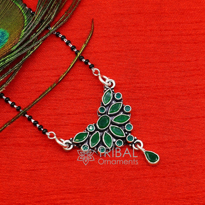 925 sterling silver black beads Mangalsutra necklace with green stone pendant, tribal ornaments design for daily wear and brides.