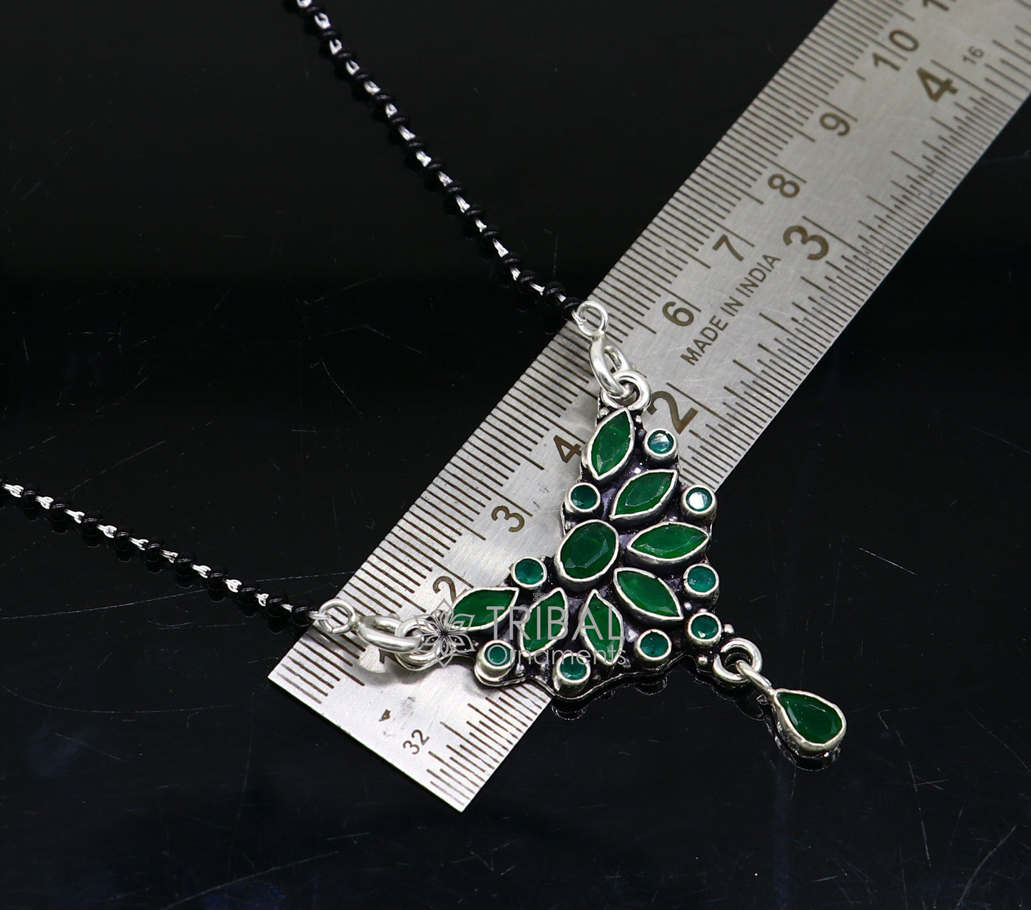 925 sterling silver black beads chain mangal sutra necklace for daily use brides Mangalsutra chunky necklace green stone pendant ms54 - TRIBAL ORNAMENTS