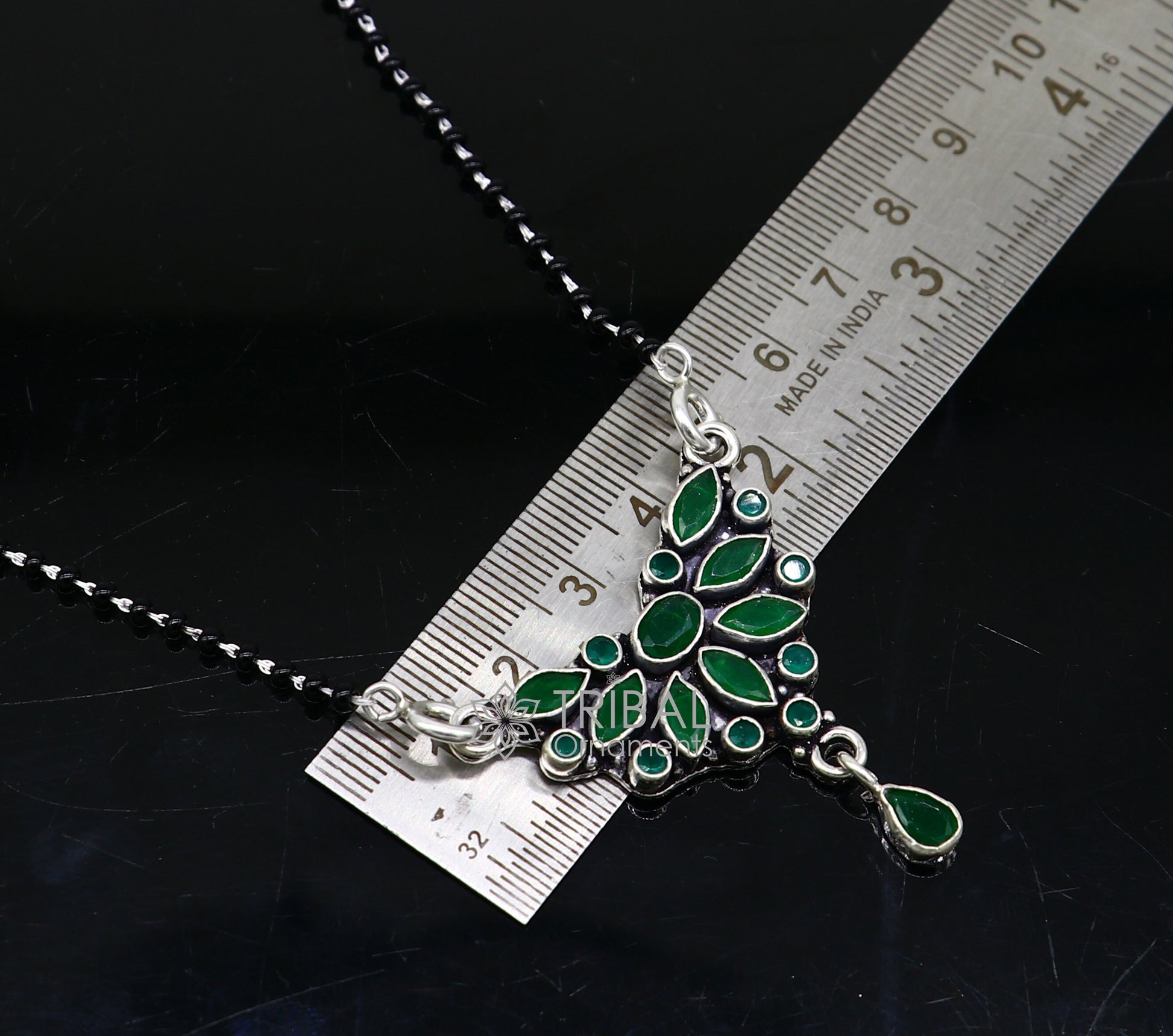 925 sterling silver black beads chain mangal sutra necklace for daily use brides Mangalsutra chunky necklace green stone pendant ms54 - TRIBAL ORNAMENTS
