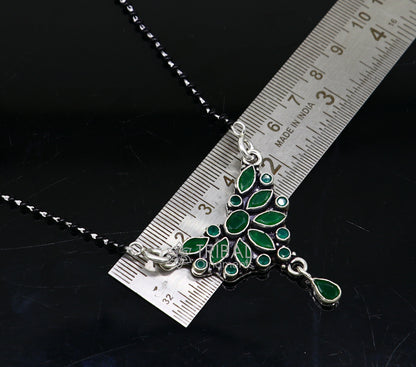 925 sterling silver black beads Mangalsutra necklace with green stone pendant, tribal design, for daily wear or brides.