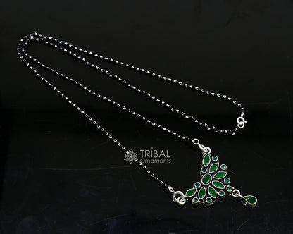 925 sterling silver black beads Mangalsutra necklace with green stone pendant, tribal ornaments style for daily wear or brides.
